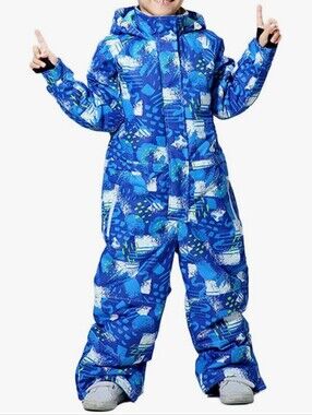 Kids Unisex Hooded Ski Suit Blue And White